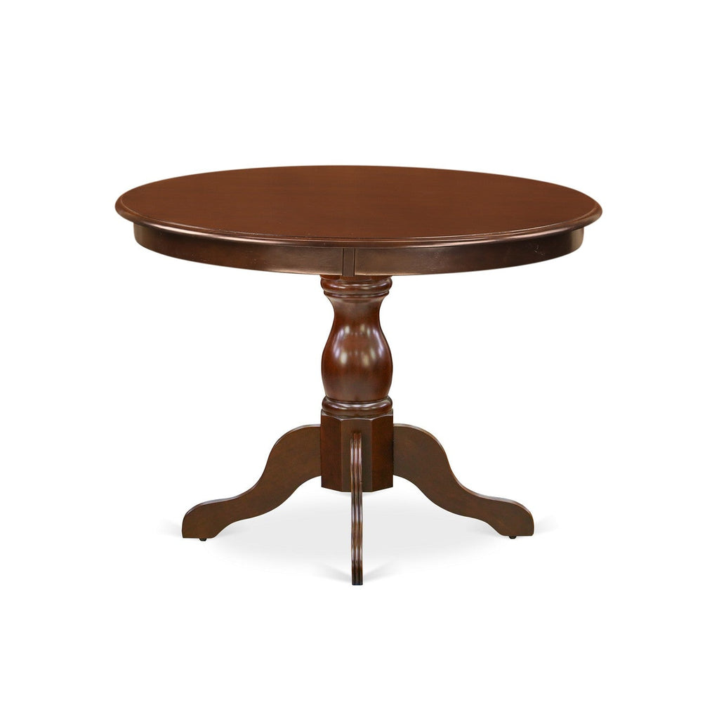 East West Furniture HBAB5-MAH-18 5 Piece Dining Table Set for 4 Includes a Round Kitchen Table with Pedestal and 4 Coffee Linen Fabric Parson Dining Room Chairs