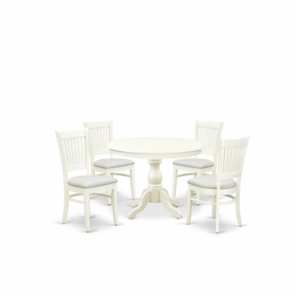 Juego de mesa de comedor East West Furniture HBVA5-LWH-C de 5 piezas para 4 personas. Incluye una mesa de cocina redonda con pedestal y 4 sillas de comedor tapizadas en tela de lino.
