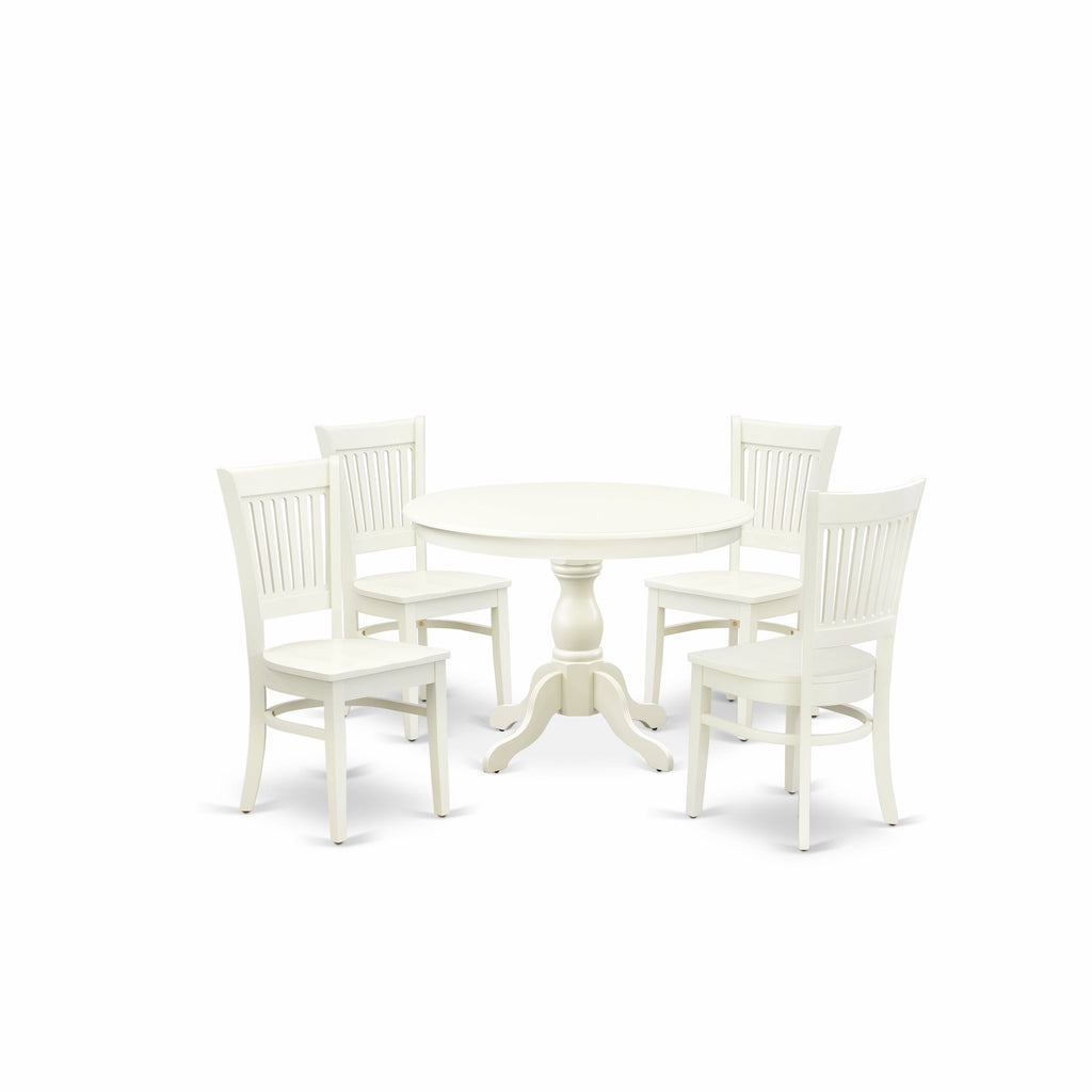 East West Furniture HBVA5-LWH-W 5 Piece Dining Room Furniture Set Includes a Round Kitchen Table with Pedestal and 4 Dining Chairs, 42x42 Inch, Linen White