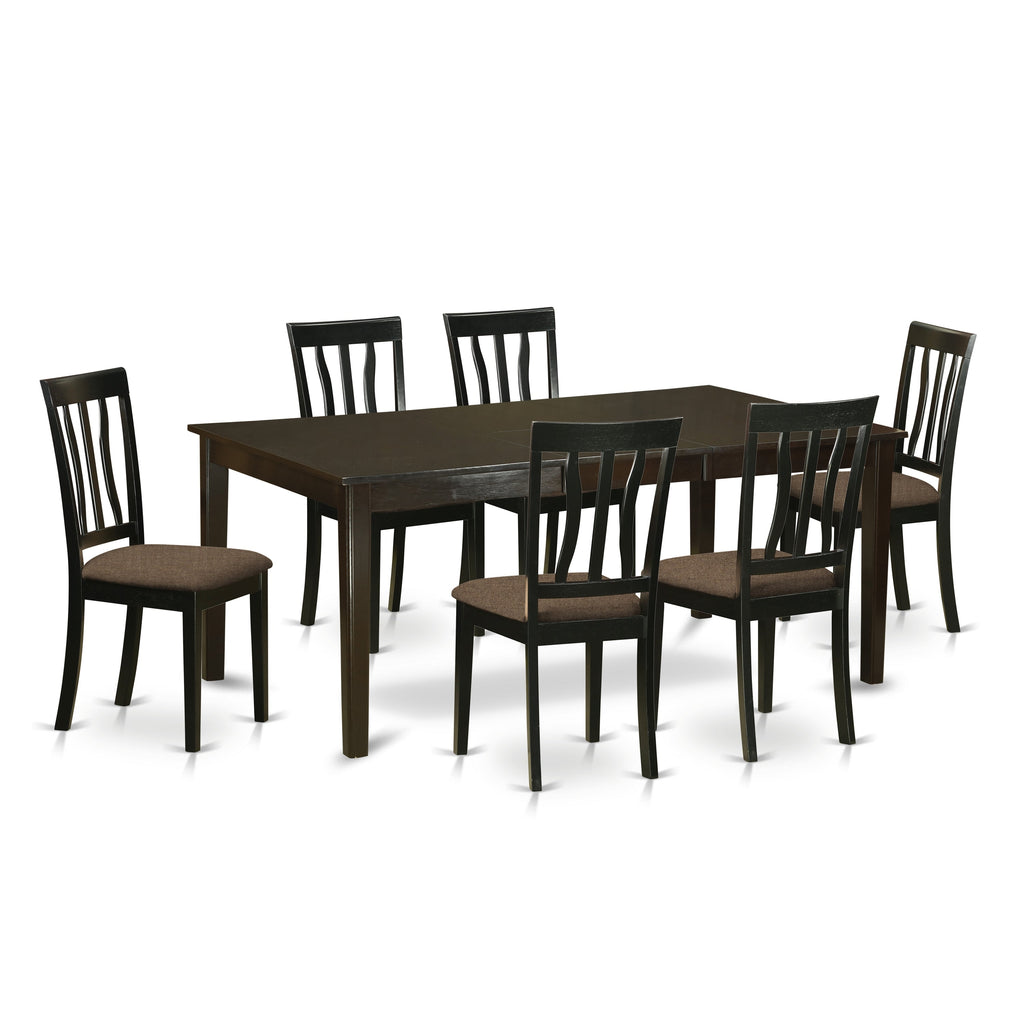 Juego de mesa y sillas de cocina East West Furniture HEAN7-CAP-C de 7 piezas. Incluye una mesa de comedor rectangular con pedestal y 6 sillas de comedor de tela de lino.