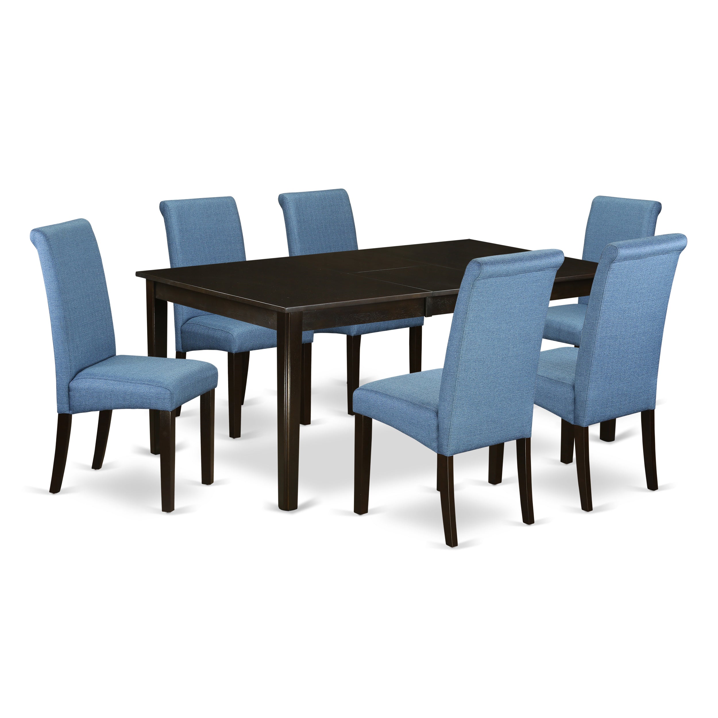 Juego de comedor East West Furniture HEBA7-CAP-21 de 7 piezas compuesto por una mesa rectangular con pedestal y 6 sillas tapizadas en tela de lino azul.