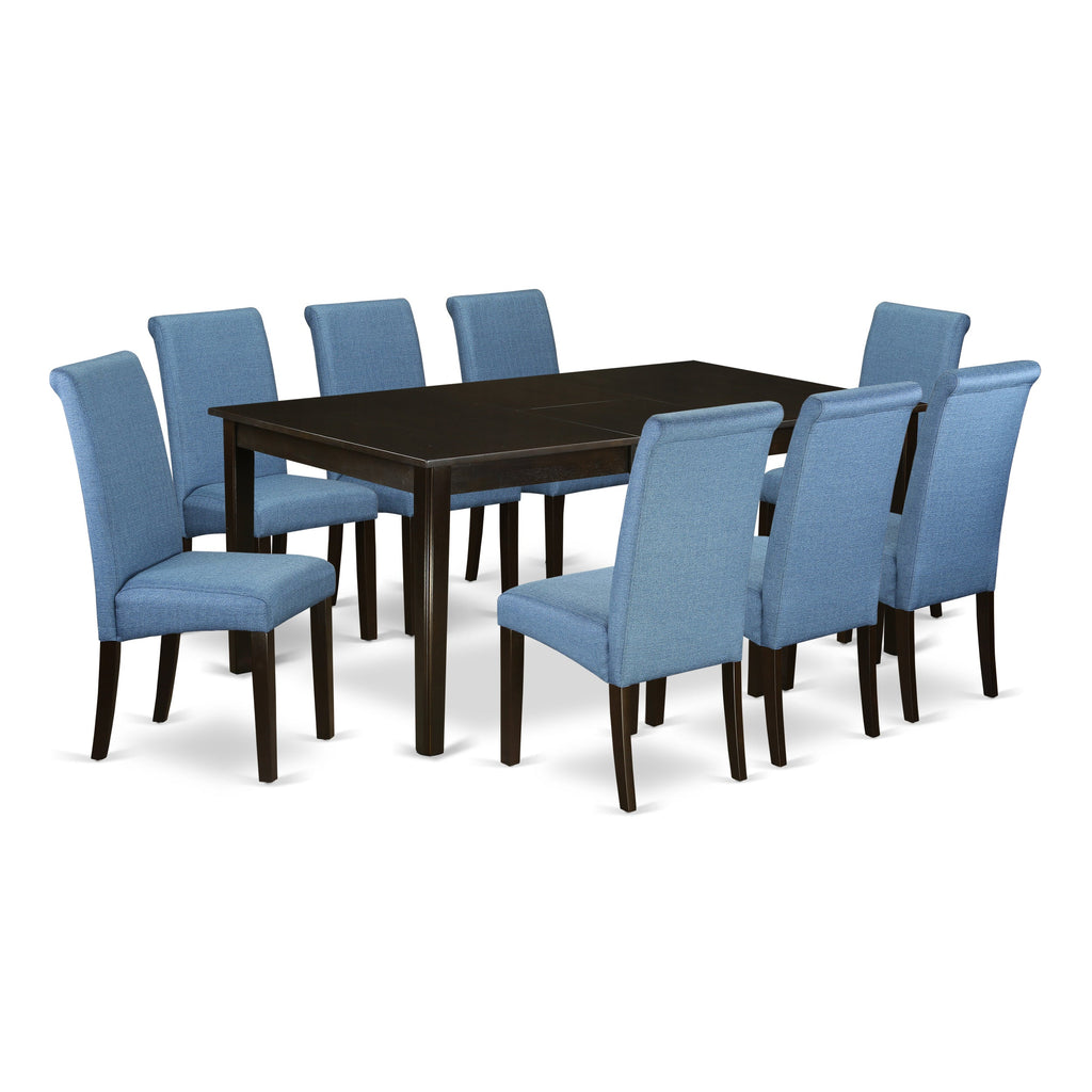 Juego de comedor East West Furniture HEBA9-CAP-21 de 9 piezas. Incluye una mesa de cocina rectangular con pedestal y 8 sillas de comedor Parson de tela de lino de color azul.