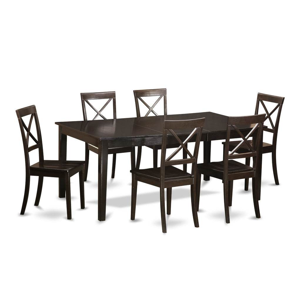 Juego de comedor East West Furniture HEBO7-CAP-W de 7 piezas compuesto por una mesa de comedor rectangular con pedestal y 6 sillas con asiento de madera.