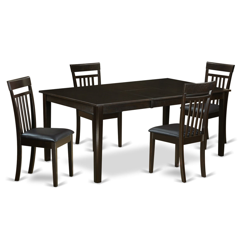 Juego de mesa y sillas de cocina de 5 piezas HECA5-CAP-LC de East West Furniture. Incluye una mesa de comedor rectangular con pedestal y 4 sillas tapizadas en piel sintética.