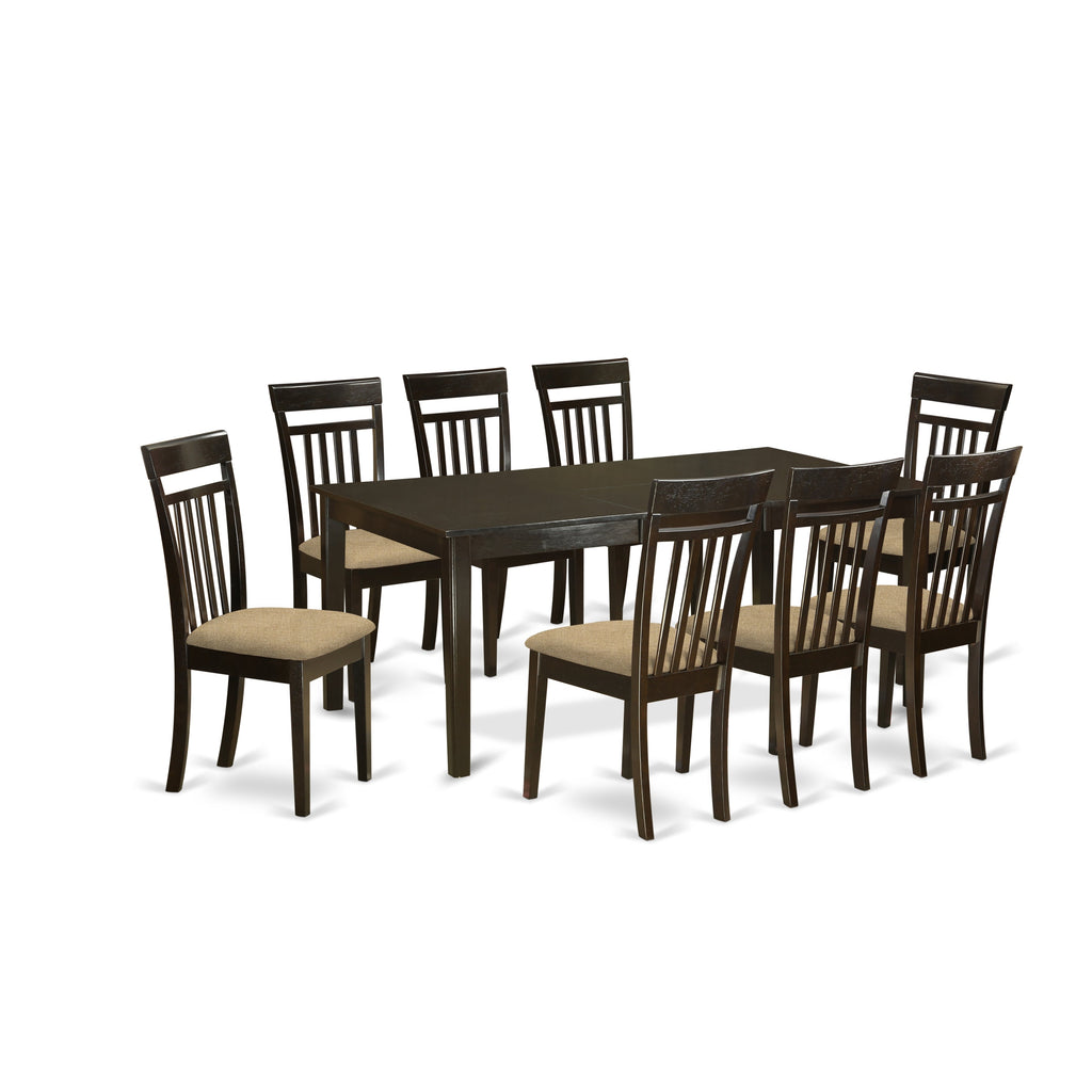 Juego de comedor East West Furniture HECA9-CAP-C de 9 piezas. Incluye una mesa de comedor rectangular con pedestal y 8 sillas de cocina tapizadas en tela de lino.