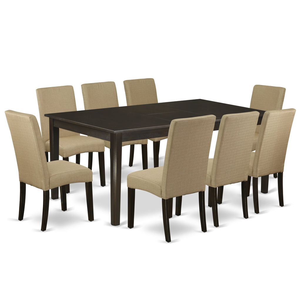 Juego de mesa de comedor East West Furniture HEDR9-CAP-03 de 9 piezas. Incluye una mesa de cocina rectangular con pedestal y 8 sillas de comedor Parson de tela de lino marrón.