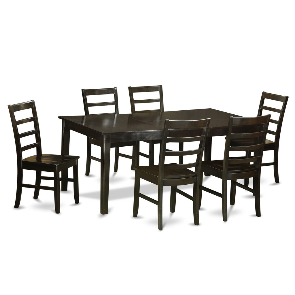 Juego de comedor East West Furniture HEPF7-CAP-W de 7 piezas compuesto por una mesa de comedor rectangular con pedestal y 6 sillas con asiento de madera.