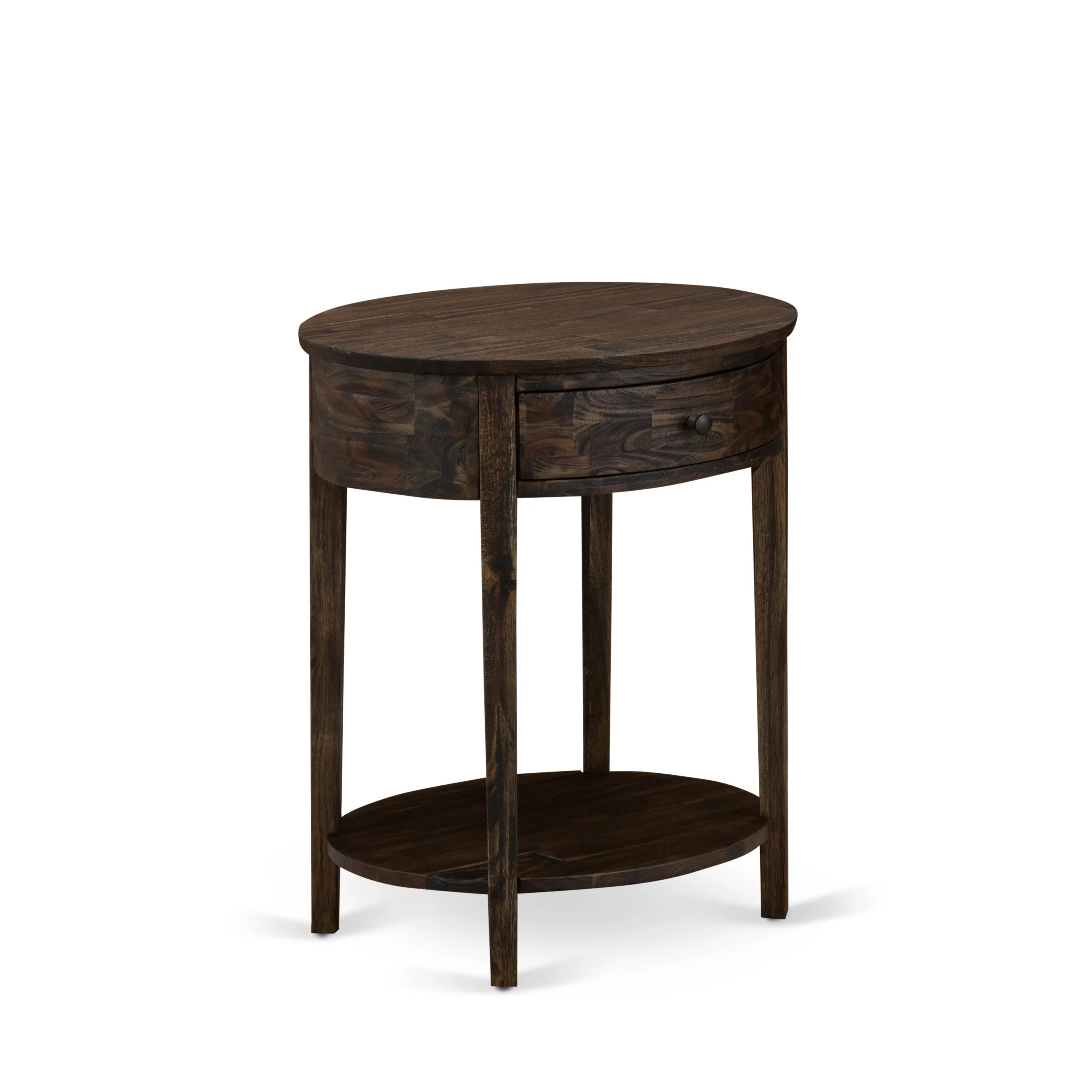 East West Furniture GB25Q-1HI07 2-Piece Platform Bedroom Set with Button Tufted Queen Frame and 1 Distressed Jacobean End Table for bedroom - Dark Brown faux Leather with Black Texture and Black Legs