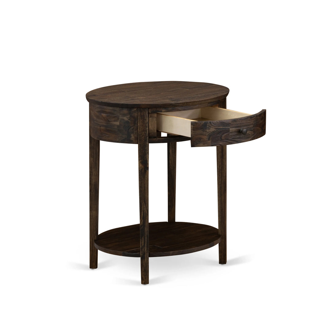 Juego de cama tamaño queen de 2 piezas East West Furniture NL14Q-1HI07: estructura de cama con botones capitoné, cabecera tapizada en terciopelo marrón topo y mesita de noche con acabado jacobino envejecido.