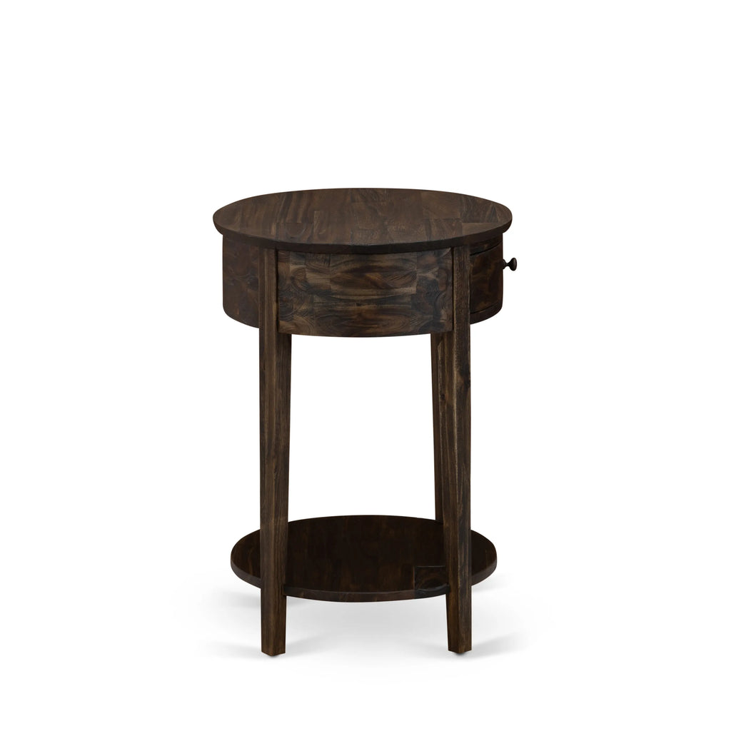 Juego de cama tamaño queen de 2 piezas East West Furniture NL14Q-1HI07: estructura de cama con botones capitoné, cabecera tapizada en terciopelo marrón topo y mesita de noche con acabado jacobino envejecido.