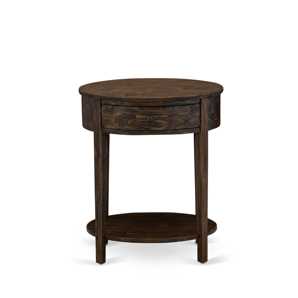 Juego de cama tamaño queen de 2 piezas East West Furniture NL14Q-1HI07: estructura de cama con botones capitoné, cabecera tapizada en terciopelo marrón topo y mesita de noche con acabado jacobino envejecido.