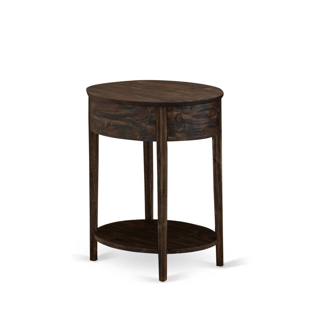 Juego de cama tamaño queen de 2 piezas East West Furniture NL14Q-1HI07: estructura de cama con botones capitoné, cabecera tapizada en terciopelo marrón topo y mesita de noche con acabado jacobino envejecido.