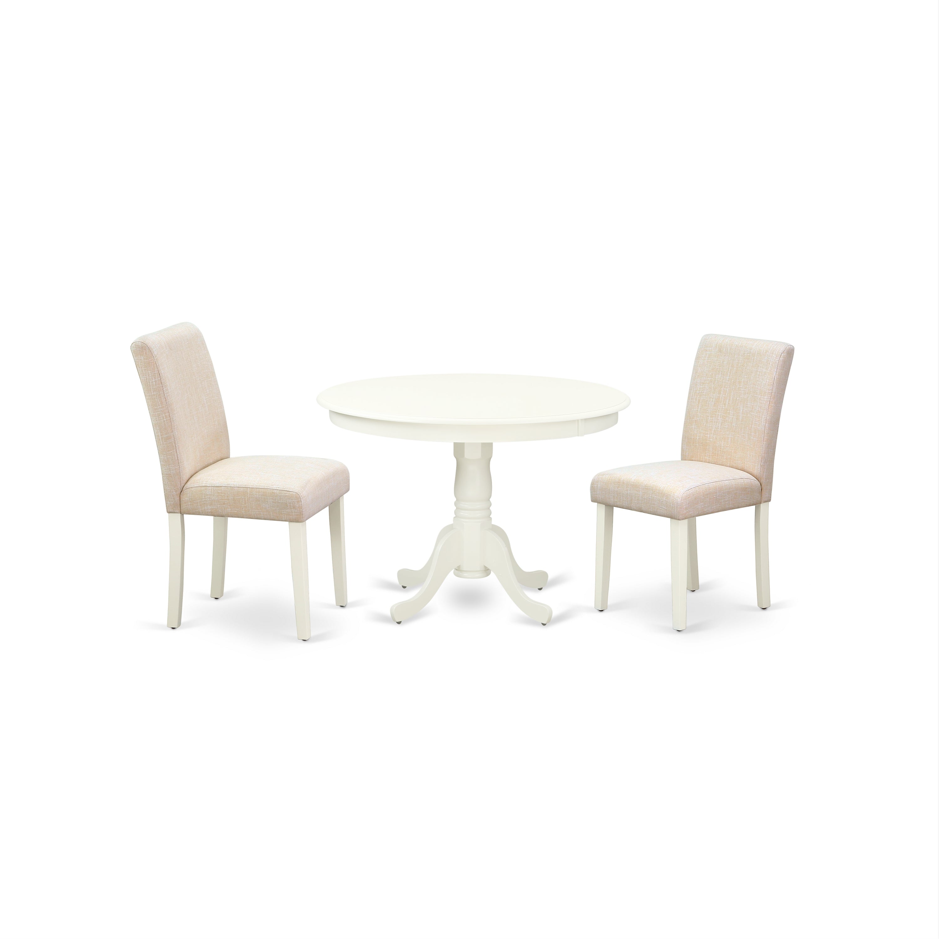 Juego de comedor de 3 piezas East West Furniture HLAB3-LWH-02. Incluye una mesa de comedor redonda con pedestal y dos sillas Parson tapizadas en tela de lino beige claro.
