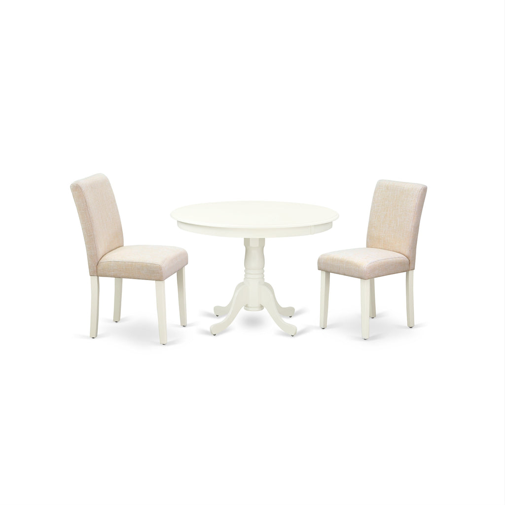 East West Furniture HLAB3-LWH-02 3 Piece Dining Set Contains a Round Dining Room Table with Pedestal and 2 Light Beige Linen Fabric Upholstered Parson Chairs, 42x42 Inch, Linen White