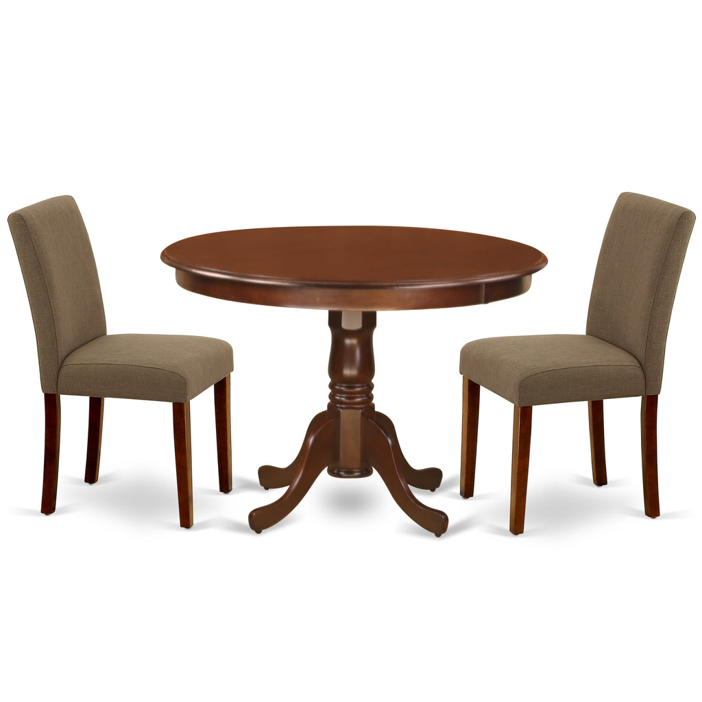 East West Furniture HLAB3-MAH-18 3 Piece Kitchen Table & Chairs Set Contains a Round Dining Table with Pedestal and 2 Coffee Linen Fabric Parson Dining Chairs, 42x42 Inch, Mahogany