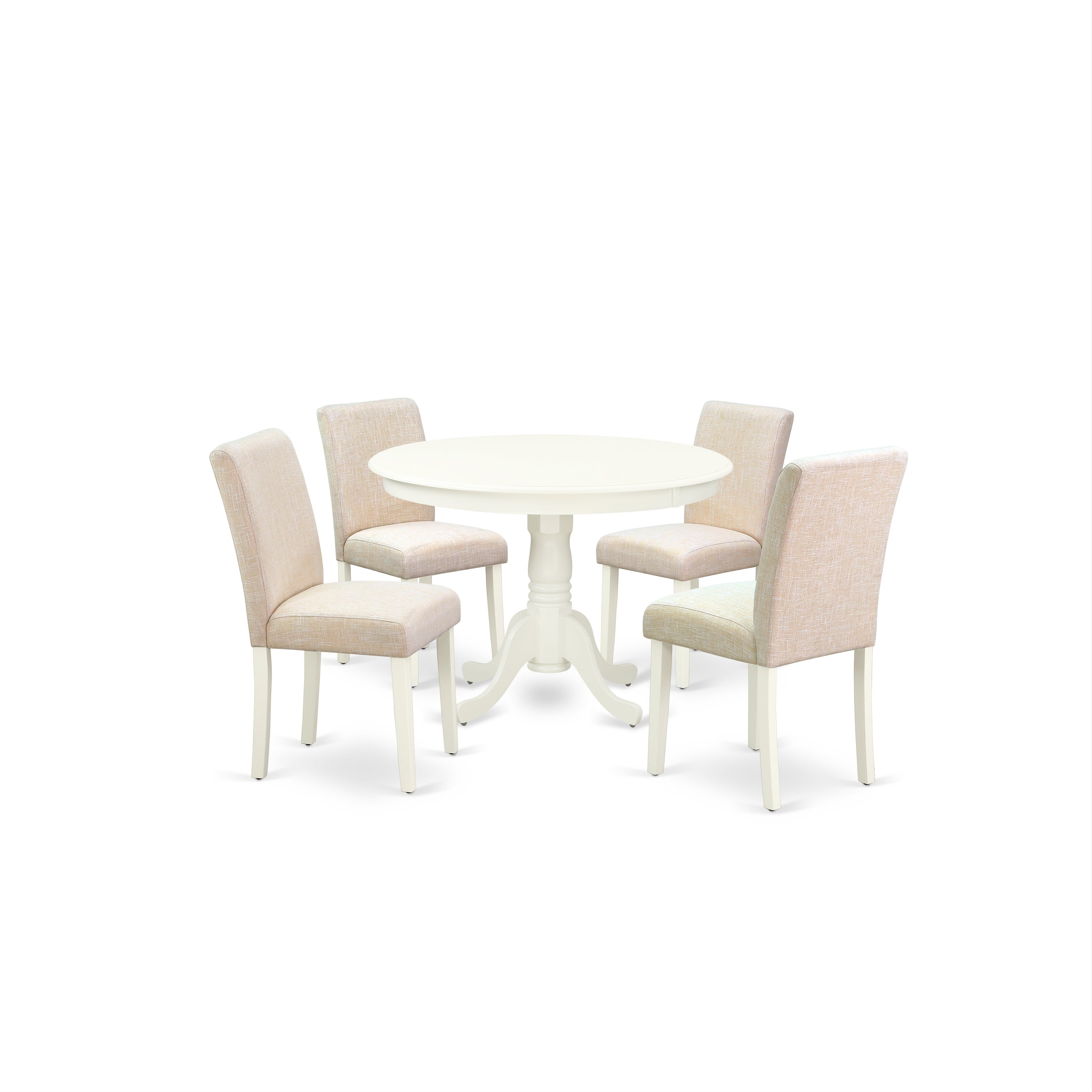 Juego de comedor de 5 piezas East West Furniture HLAB5-LWH-02. Incluye una mesa de comedor redonda con pedestal y 4 sillas tapizadas en tela de lino beige claro.