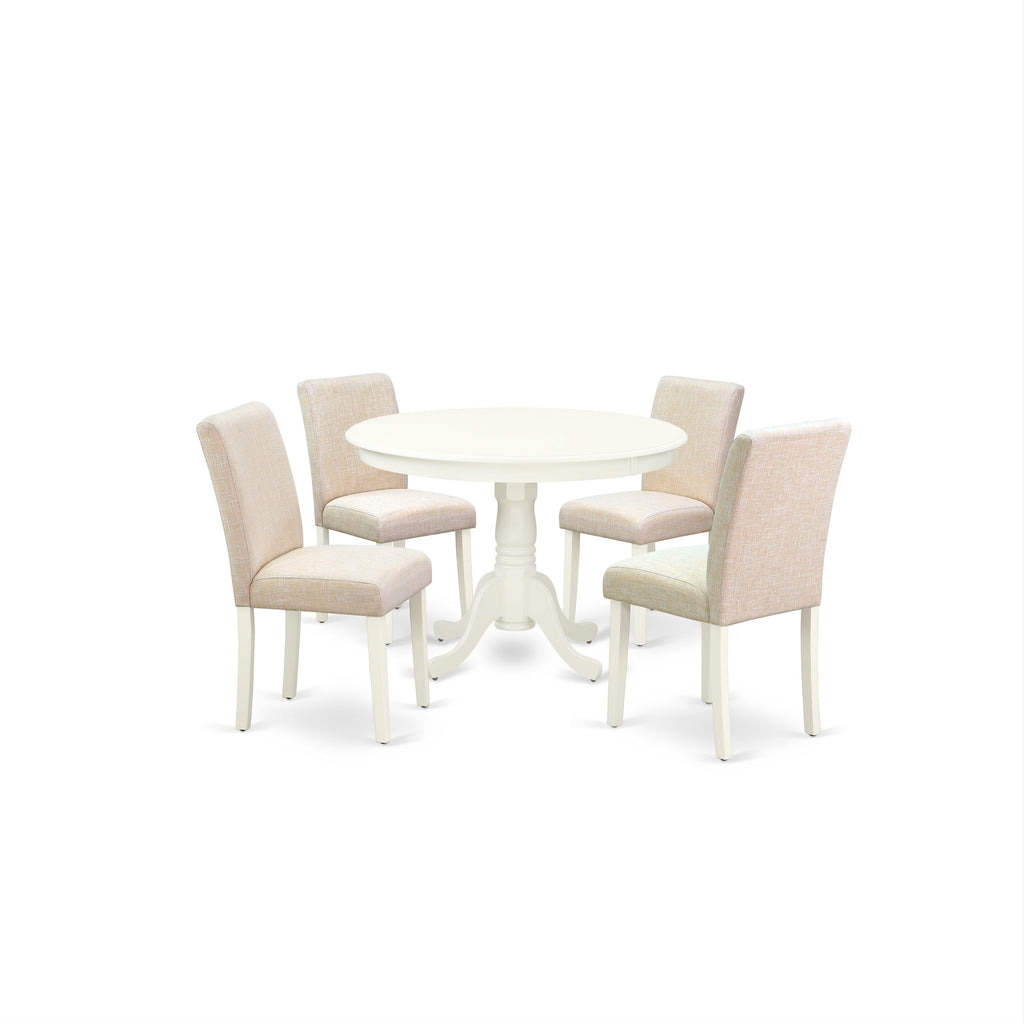 East West Furniture HLAB5-LWH-02 5 Piece Dining Room Furniture Set Includes a Round Dining Table with Pedestal and 4 Light Beige Linen Fabric Upholstered Chairs, 42x42 Inch, Linen White