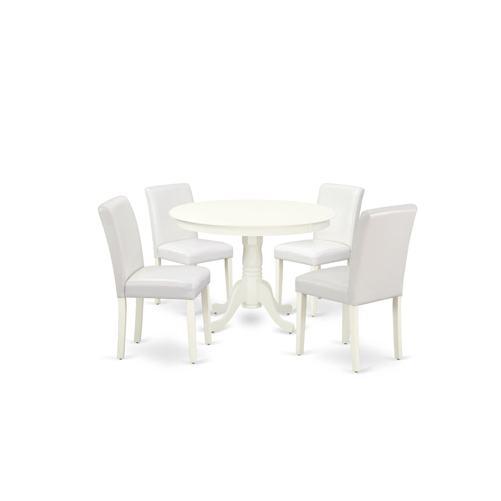 East West Furniture HLAB5-LWH-64 5 Piece Dining Set Includes a Round Dining Room Table with Pedestal and 4 White Faux Leather Upholstered Parson Chairs