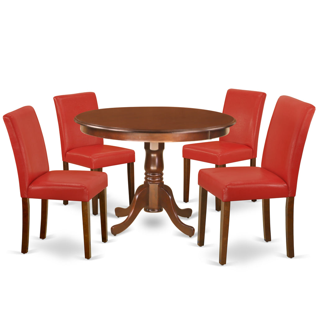 El juego de mesa de comedor de 5 piezas East West Furniture HLAB5-MAH-72 incluye una mesa de comedor redonda con pedestal y 4 sillas tapizadas de cuero sintético rojo ladrillo refractario.