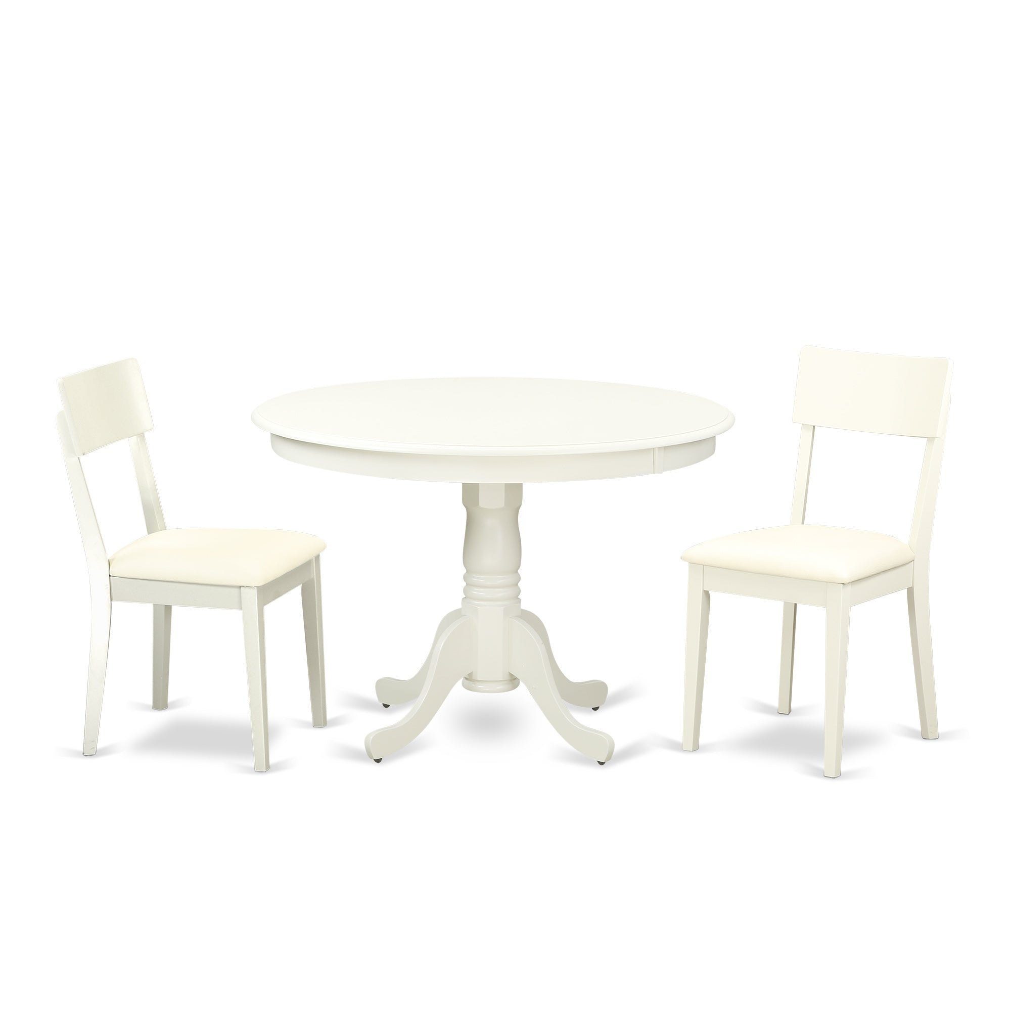 Juego de mesa de comedor de 3 piezas East West Furniture HLAD3-LWH-LC para espacios pequeños. Contiene una mesa de comedor redonda con pedestal y 2 sillas tapizadas en piel sintética.