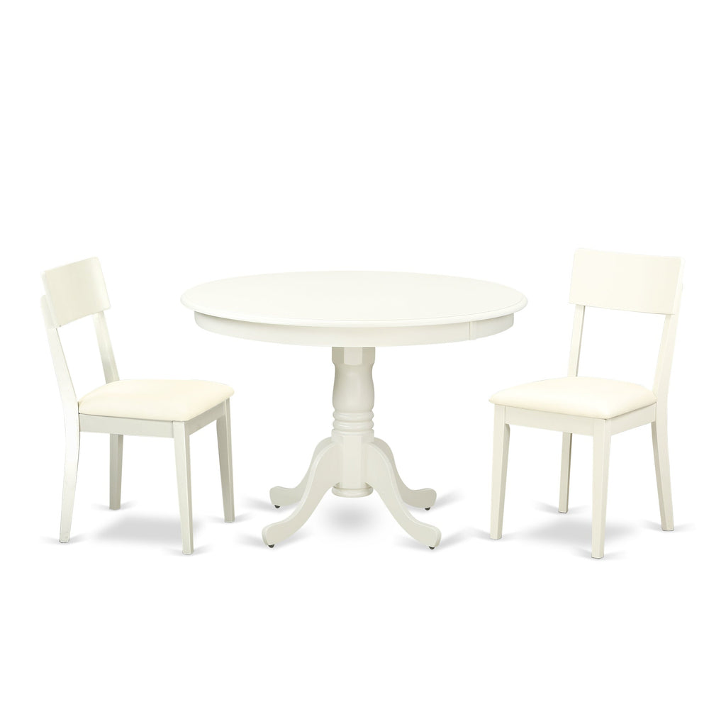 East West Furniture HLAD3-LWH-LC 3 Piece Dining Table Set for Small Spaces Contains a Round Dining Room Table with Pedestal and 2 Faux Leather Upholstered Chairs