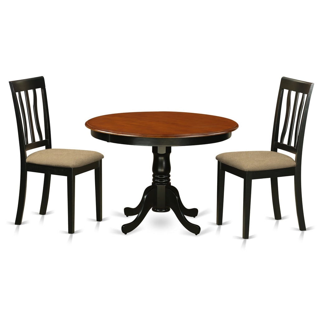 Juego de mesa de comedor moderna de 3 piezas East West Furniture HLAN3-BCH-C. Incluye una mesa redonda de madera con pedestal y 2 sillas de comedor de cocina de tela de lino.