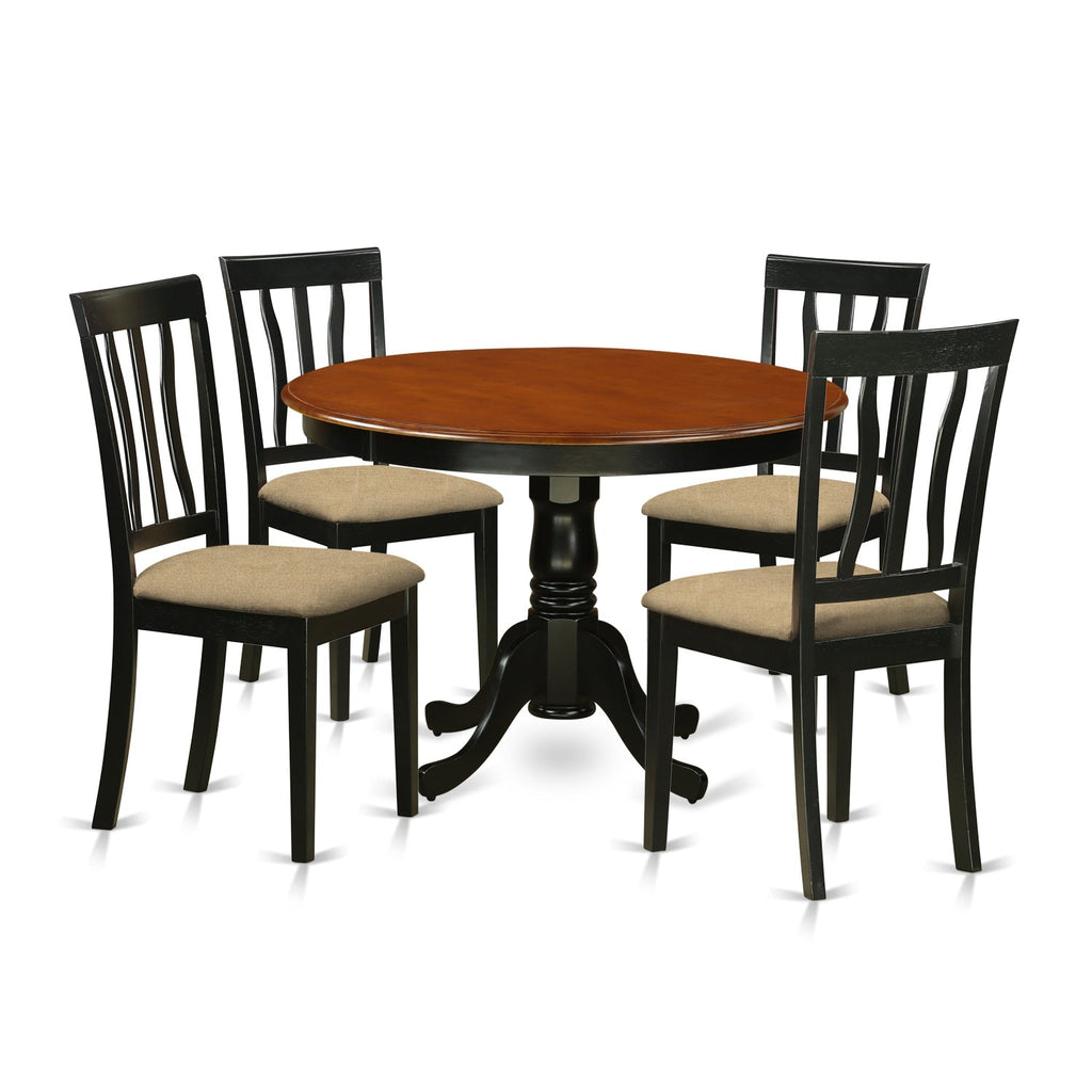 East West Furniture HLAN5-BCH-C 5 Piece Kitchen Table Set for 4 Includes a Round Dining Room Table with Pedestal and 4 Linen Fabric Upholstered Dining Chairs