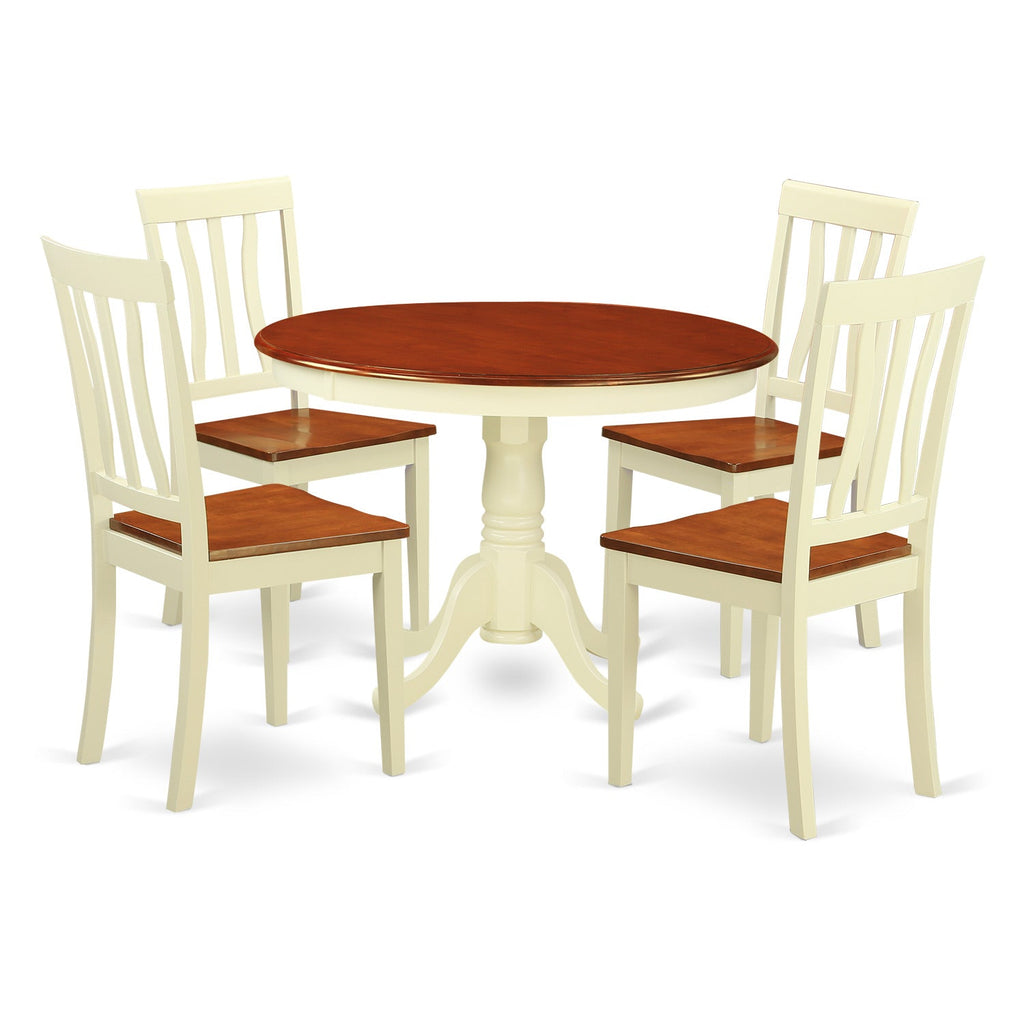 East West Furniture HLAN5-BMK-W 5 Piece Modern Dining Table Set Includes a Round Wooden Table with Pedestal and 4 Dining Room Chairs, 42x42 Inch, Buttermilk & Cherry