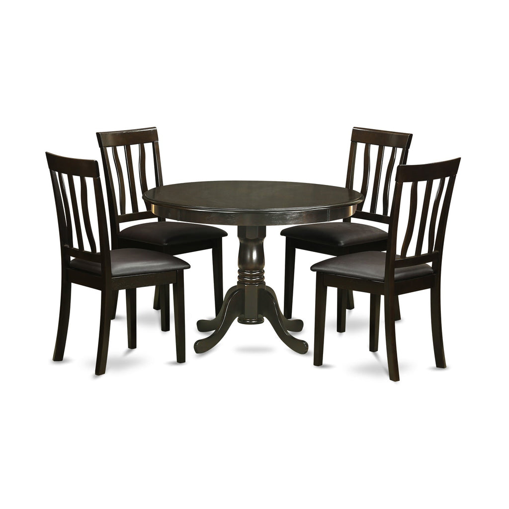 East West Furniture HLAN5-CAP-LC 5 Piece Dining Table Set for 4 Includes a Round Kitchen Table with Pedestal and 4 Faux Leather Dining Room Chairs