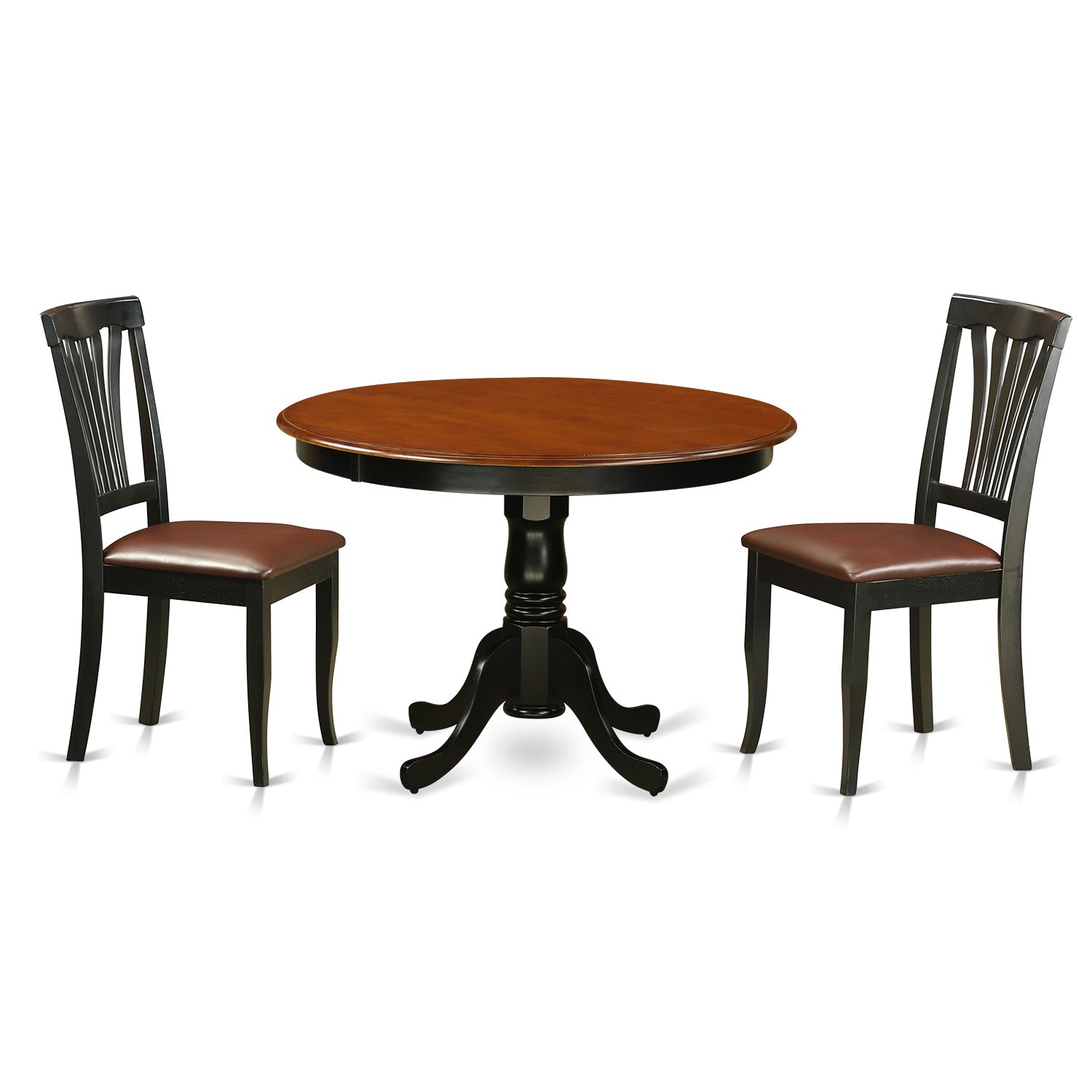 Juego de comedor de 3 piezas East West Furniture HLAV3-BCH-LC para espacios pequeños. Contiene una mesa de comedor redonda con pedestal y 2 sillas de comedor de cuero sintético.