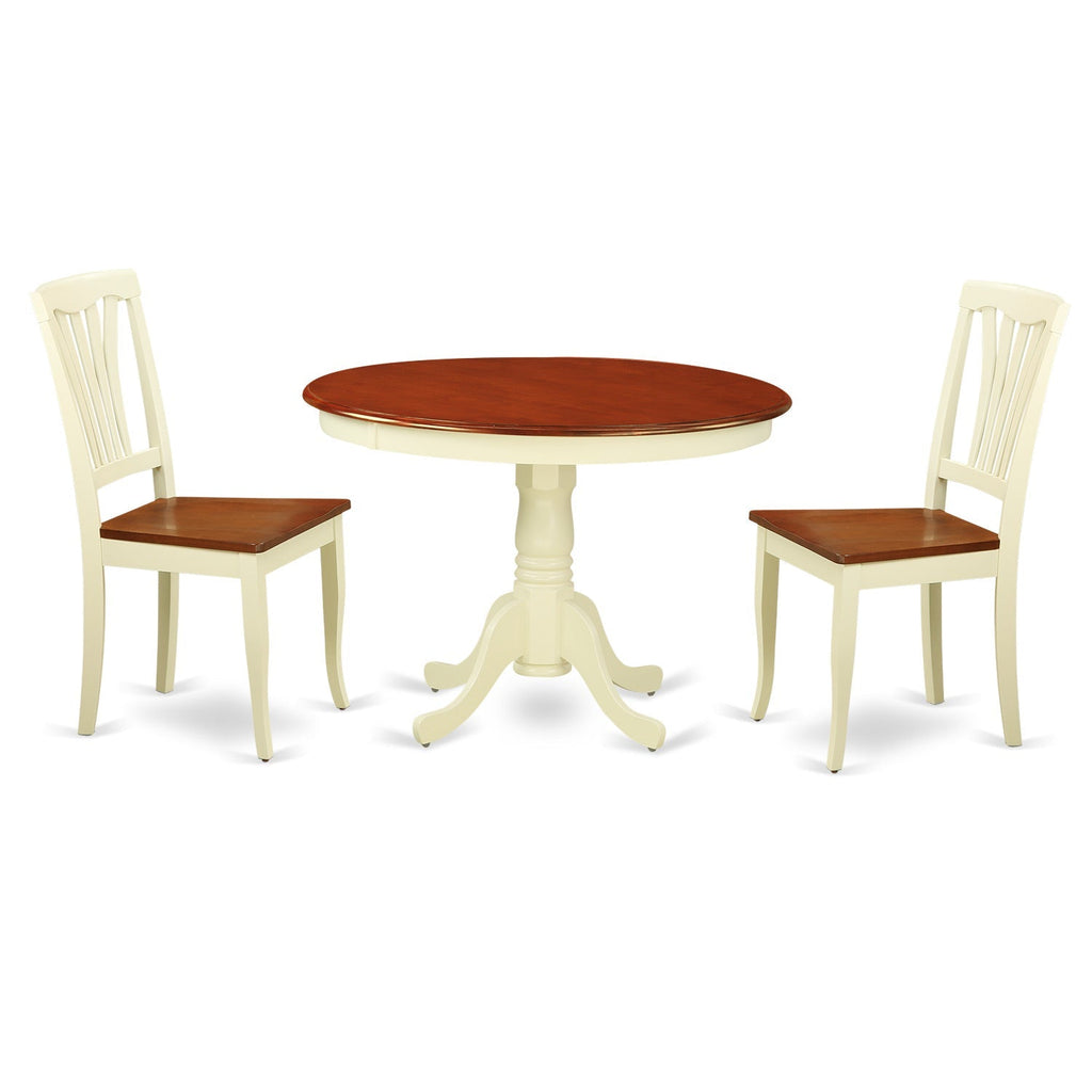 East West Furniture HLAV3-BMK-W 3 Piece Modern Dining Table Set Contains a Round Wooden Table with Pedestal and 2 Kitchen Dining Chairs, 42x42 Inch, Buttermilk & Cherry