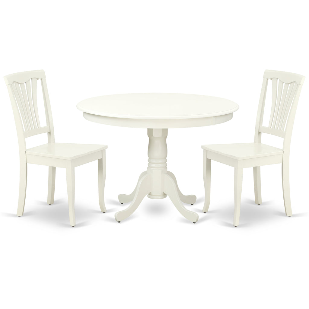 Juego de mesa de cocina de 3 piezas East West Furniture HLAV3-LWH-W para espacios pequeños. Contiene una mesa de comedor redonda con pedestal y 2 sillas de comedor.