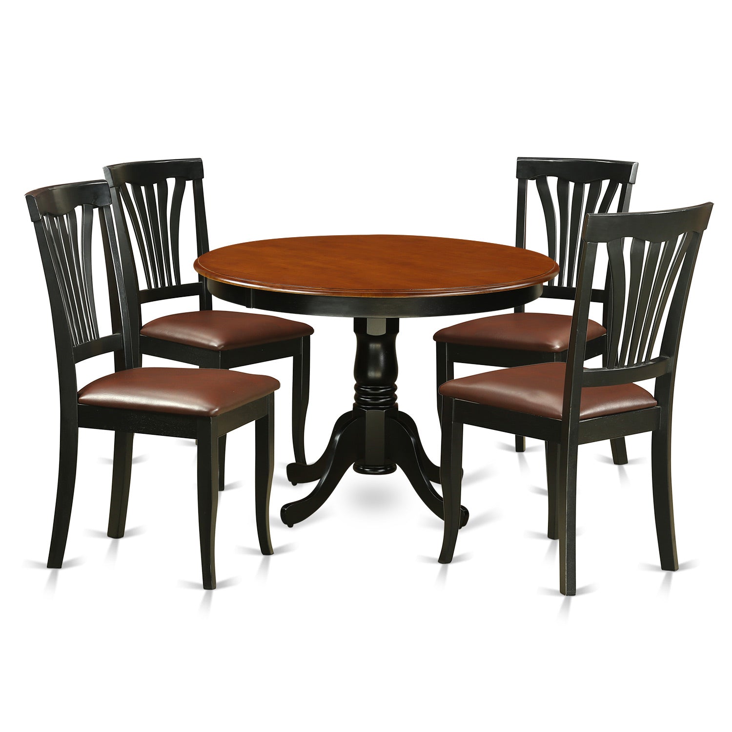 El juego de mesa de comedor moderno de 5 piezas East West Furniture HLAV5-BCH-LC incluye una mesa redonda de madera con pedestal y 4 sillas de comedor de cuero sintético.