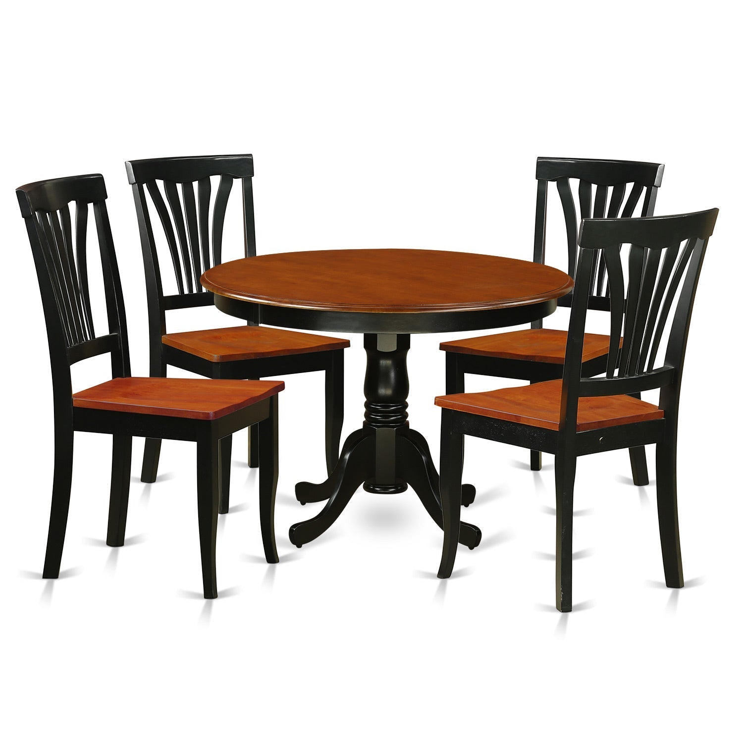 El juego de mesa de comedor moderno de 5 piezas East West Furniture HLAV5-BCH-W incluye una mesa redonda de madera con pedestal y 4 sillas de comedor de cocina.
