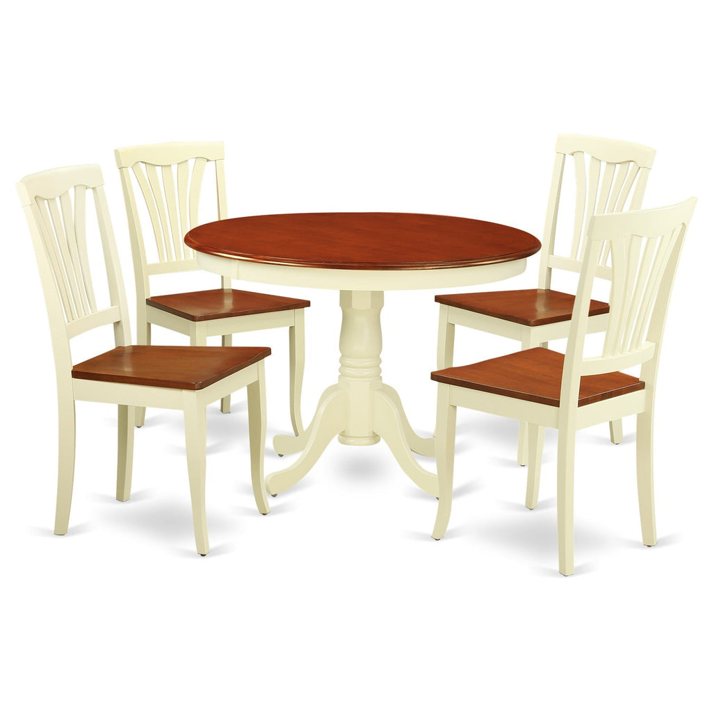 Juego de mesa de cocina de 5 piezas East West Furniture HLAV5-BMK-W para 4 personas. Incluye una mesa de comedor redonda con pedestal y 4 sillas de comedor.