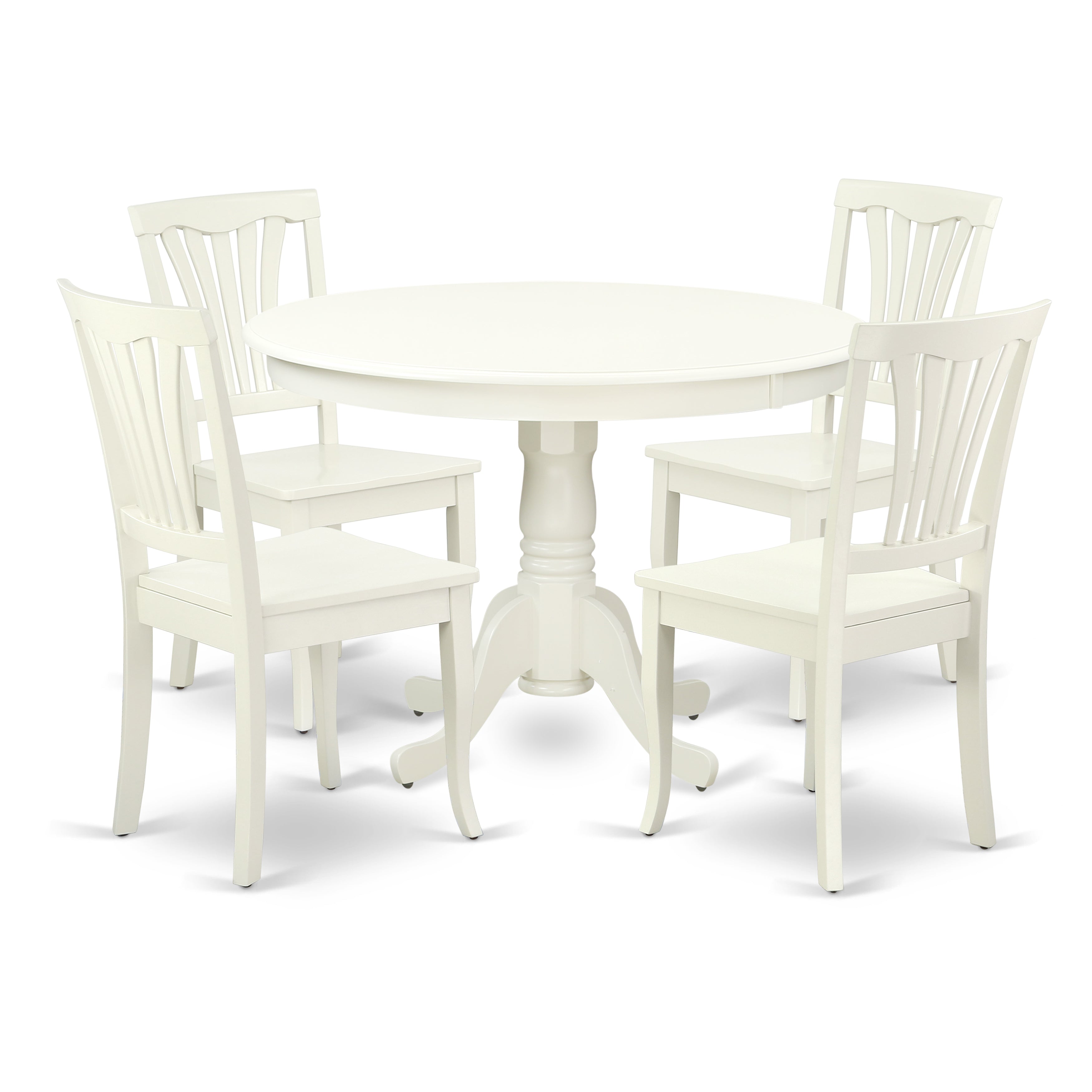 Juego de mesa de cocina de 5 piezas East West Furniture HLAV5-LWH-W para 4 personas. Incluye una mesa de comedor redonda con pedestal y 4 sillas de madera maciza.