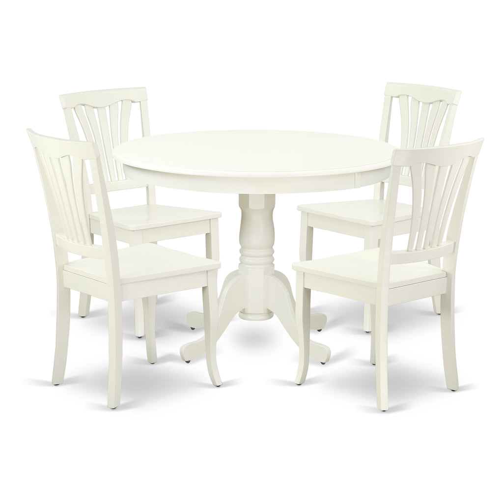 Juego de mesa de cocina de 5 piezas East West Furniture HLAV5-LWH-W para 4 personas. Incluye una mesa de comedor redonda con pedestal y 4 sillas de madera maciza.