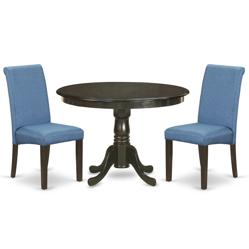 East West Furniture HLBA3-CAP-21 3 Piece Kitchen Table & Chairs Set Contains a Round Dining Room Table with Pedestal and 2 Blue Color Linen Fabric Parsons Chairs, 42x42 Inch, Cappuccino