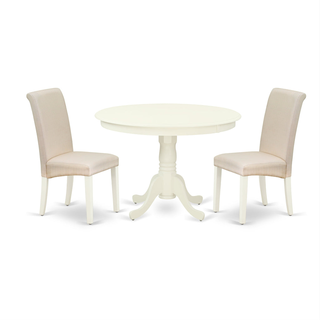 East West Furniture HLBA3-LWH-01 3 Piece Dining Room Furniture Set Contains a Round Dining Table with Pedestal and 2 Cream Linen Fabric Parsons Chairs
