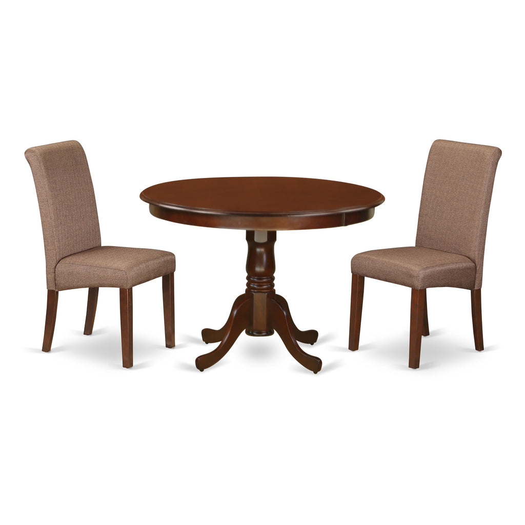 East West Furniture HLBA3-MAH-18 3 Piece Dining Room Table Set  Contains a Round Kitchen Table with Pedestal and 2 Brown Linen Linen Fabric Parson Dining Chairs, 42x42 Inch, Mahogany