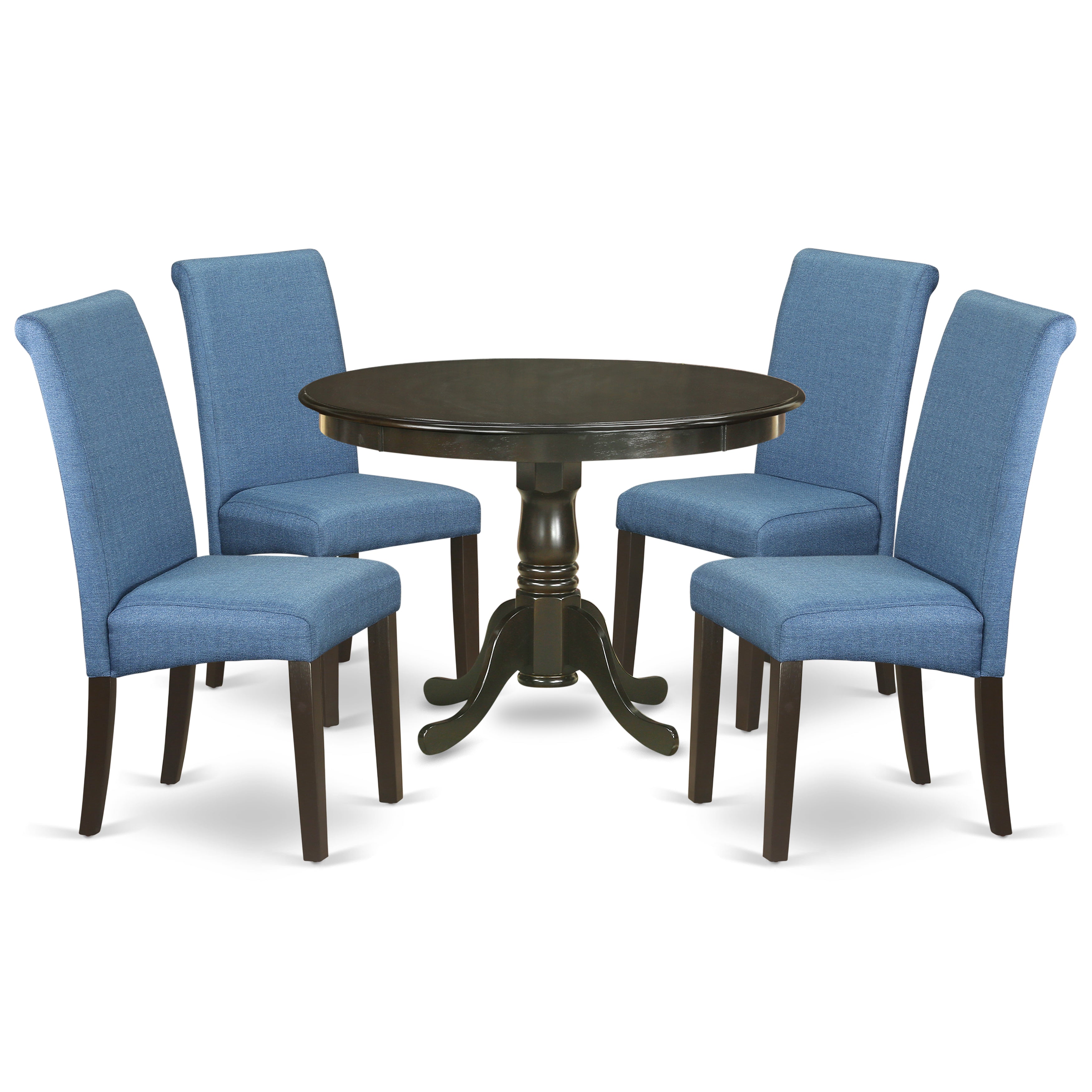 El juego de mesa de comedor de 5 piezas East West Furniture HLBA5-CAP-21 incluye una mesa de cocina redonda con pedestal y 4 sillas de comedor Parson de tela de lino de color azul.