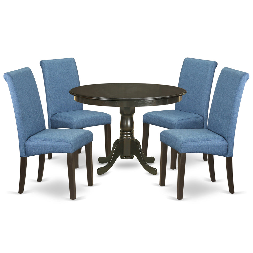 East West Furniture HLBA5-CAP-21 5 Piece Dining Room Table Set Includes a Round Kitchen Table with Pedestal and 4 Blue Color Linen Fabric Parson Dining Chairs, 42x42 Inch, Cappuccino