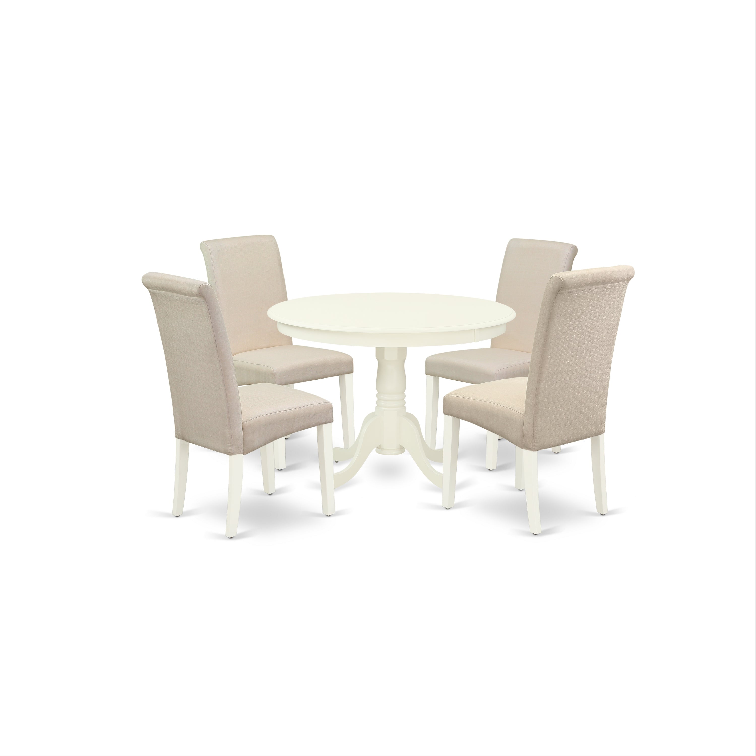 Juego de mesa de comedor de 5 piezas East West Furniture HLBA5-LWH-01 para 4 personas. Incluye una mesa de cocina redonda con pedestal y 4 sillas de comedor Parson de tela de lino color crema.