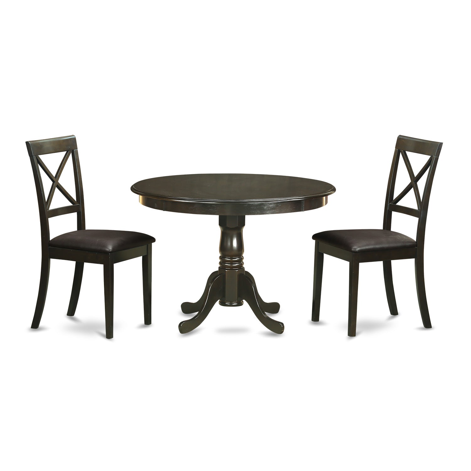 Juego de mesa de comedor de 3 piezas East West Furniture HLBO3-CAP-LC para espacios pequeños. Contiene una mesa de comedor redonda con pedestal y 2 sillas tapizadas en piel sintética.