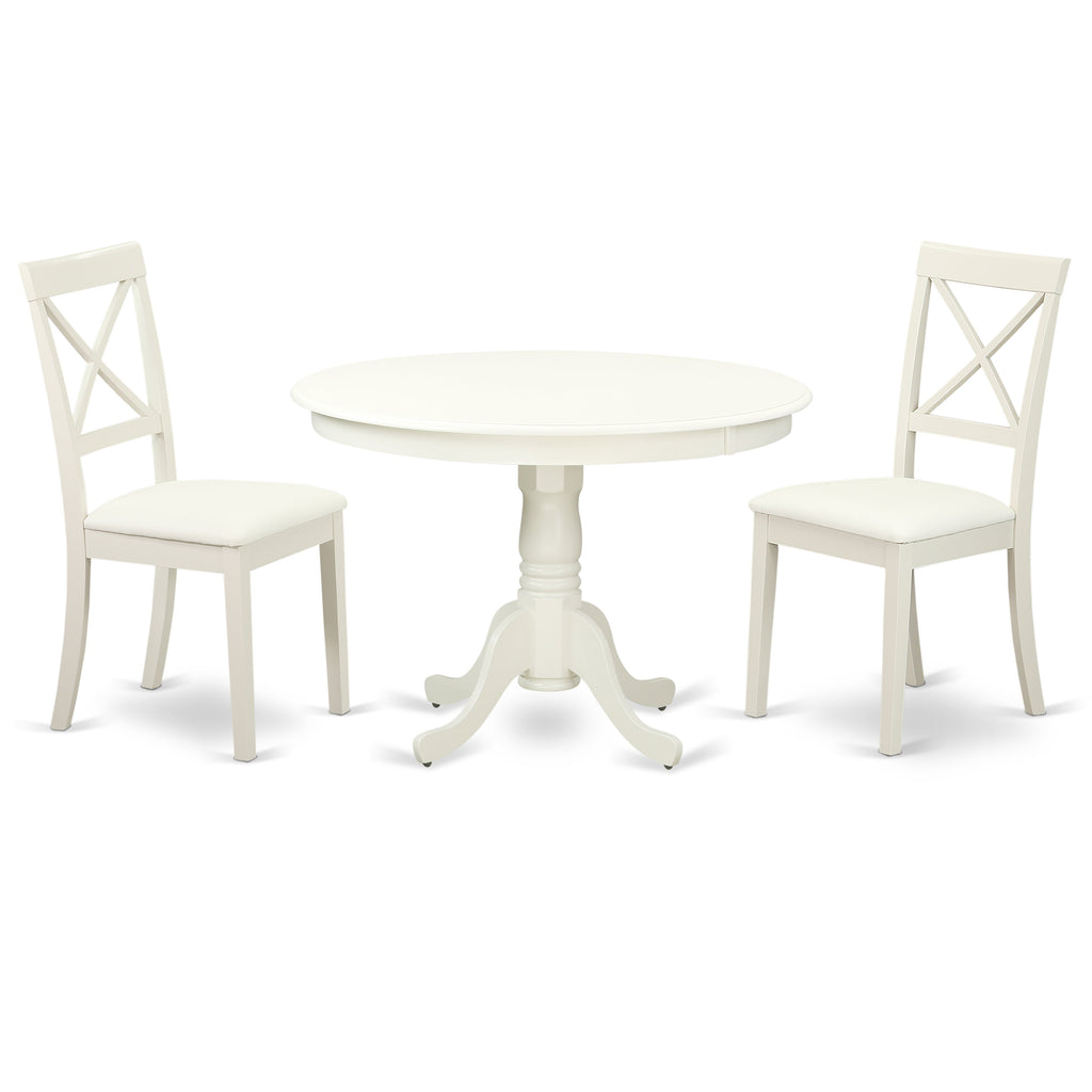 East West Furniture HLBO3-LWH-LC 3 Piece Dining Set Contains a Round Dining Table with Pedestal and 2 Faux Leather Kitchen Room Chairs