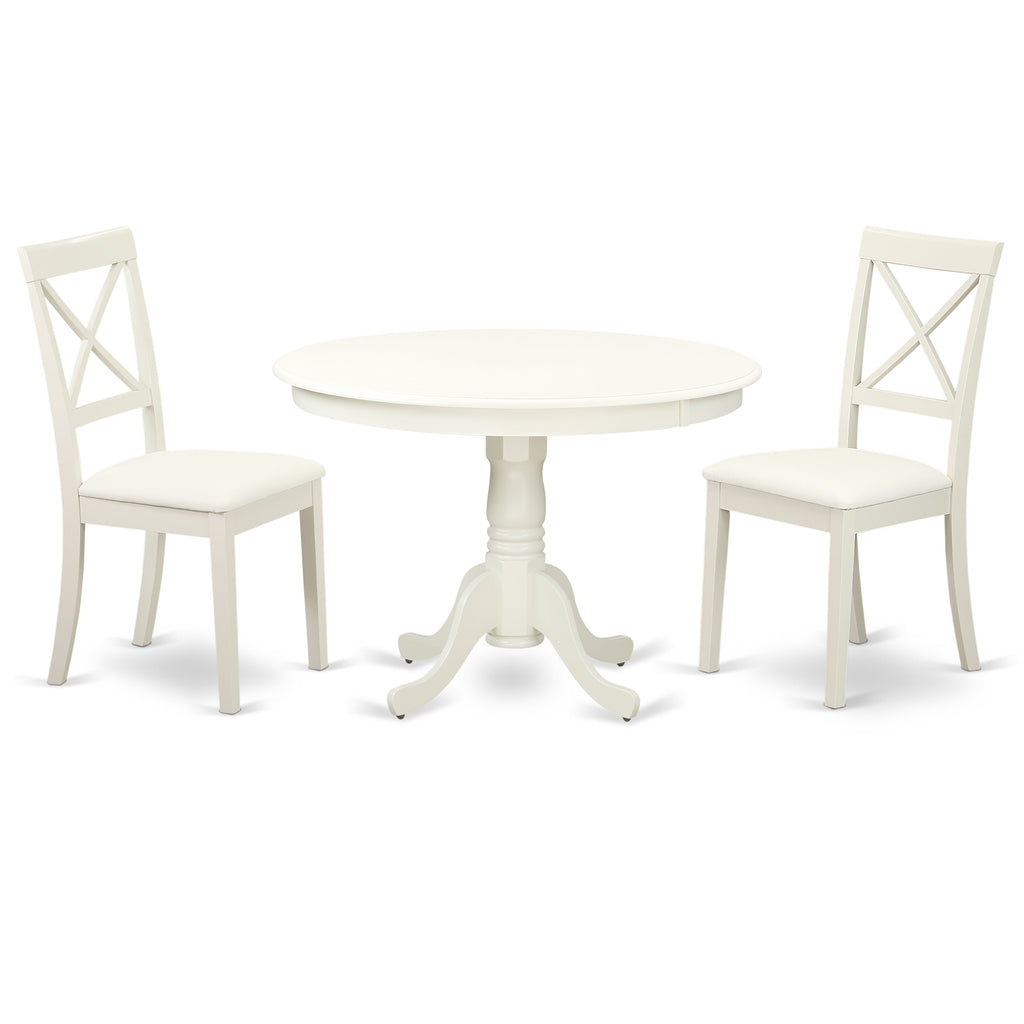 East West Furniture HLBO3-LWH-LC 3 Piece Dining Set Contains a Round Dining Table with Pedestal and 2 Faux Leather Kitchen Room Chairs, 42x42 Inch, Linen White