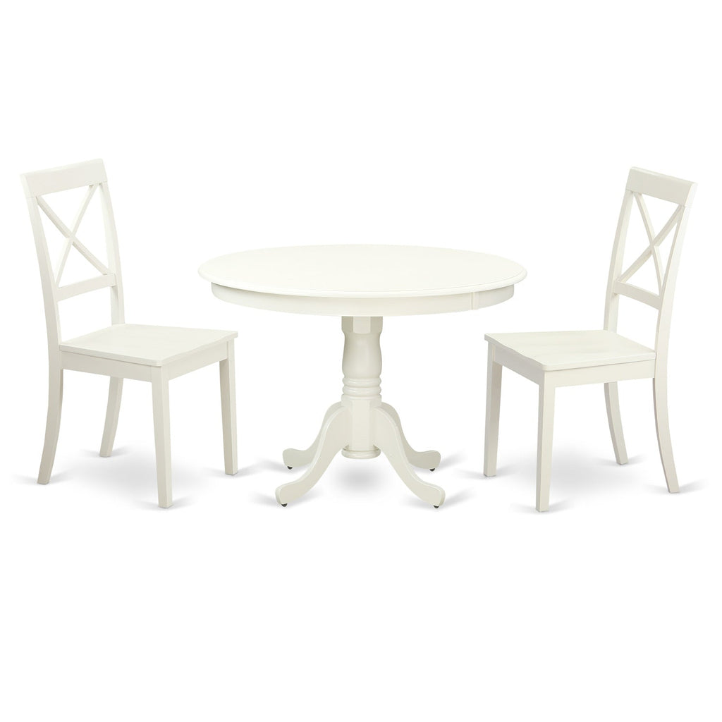 East West Furniture HLBO3-LWH-W 3 Piece Dinette Set for Small Spaces Contains a Round Dining Table with Pedestal and 2 Dining Room Chairs