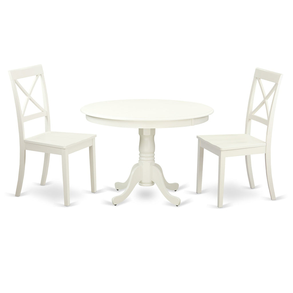 East West Furniture HLBO3-LWH-W 3 Piece Dinette Set for Small Spaces Contains a Round Dining Table with Pedestal and 2 Dining Room Chairs, 42x42 Inch, Linen White