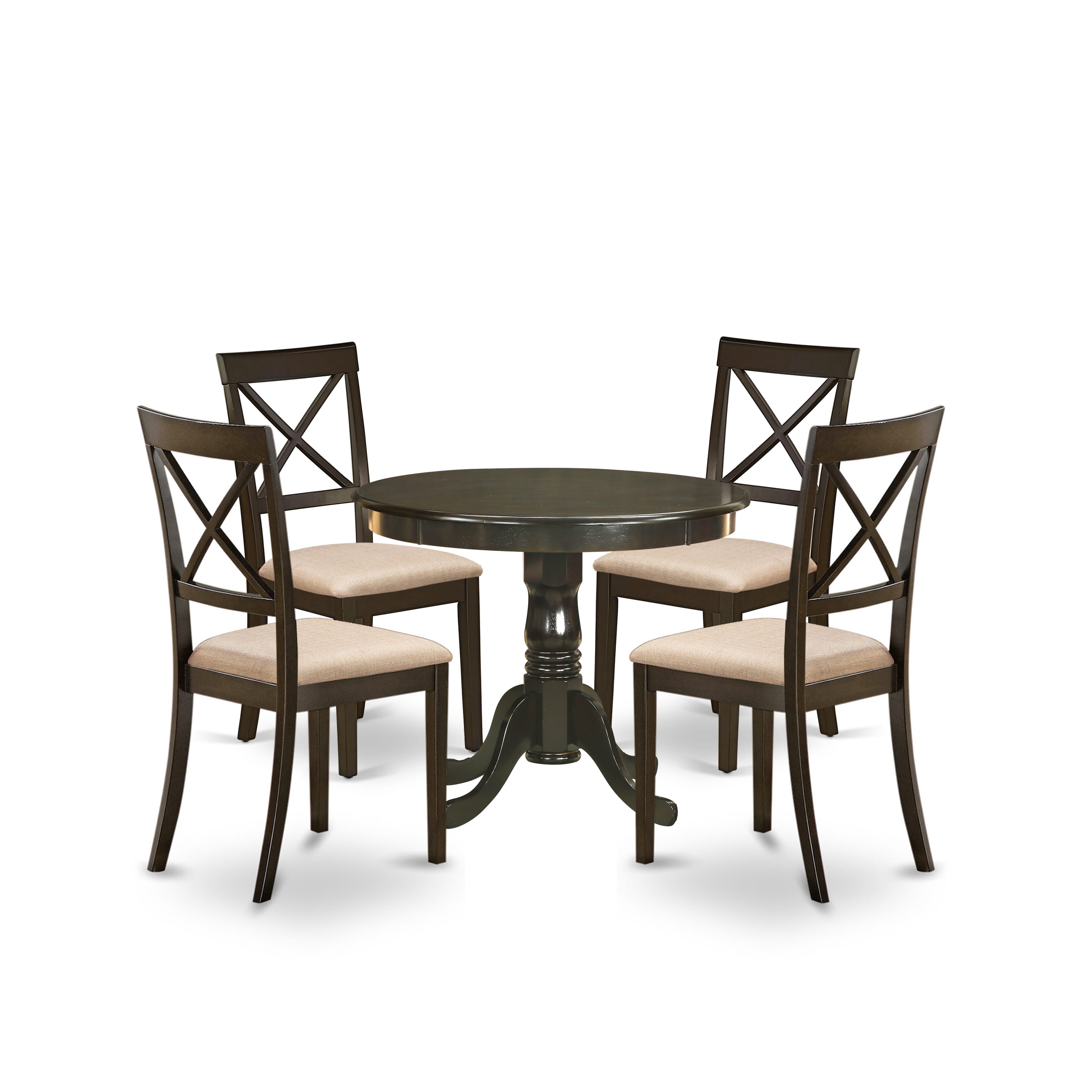 Juego de comedor de 5 piezas East West Furniture HLBO5-CAP-C. Incluye una mesa de comedor redonda con pedestal y 4 sillas tapizadas en tela de lino.