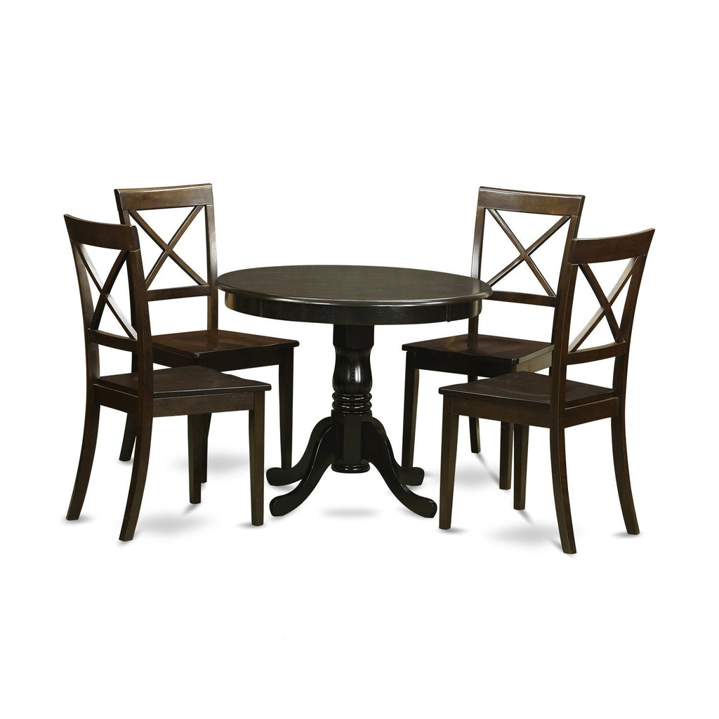 Juego de mesa de cocina de 5 piezas East West Furniture HLBO5-CAP-W para 4 personas. Incluye una mesa de comedor redonda con pedestal y 4 sillas de comedor.